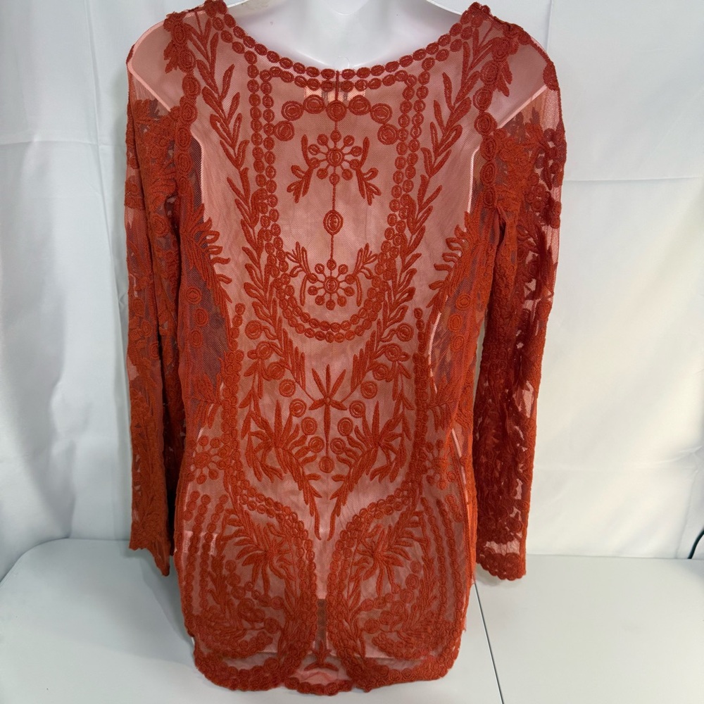 Umgee Burnt Orange Lace Sheer Boho Tunic Top Bell Sleeve M/L - Picture 6 of 11